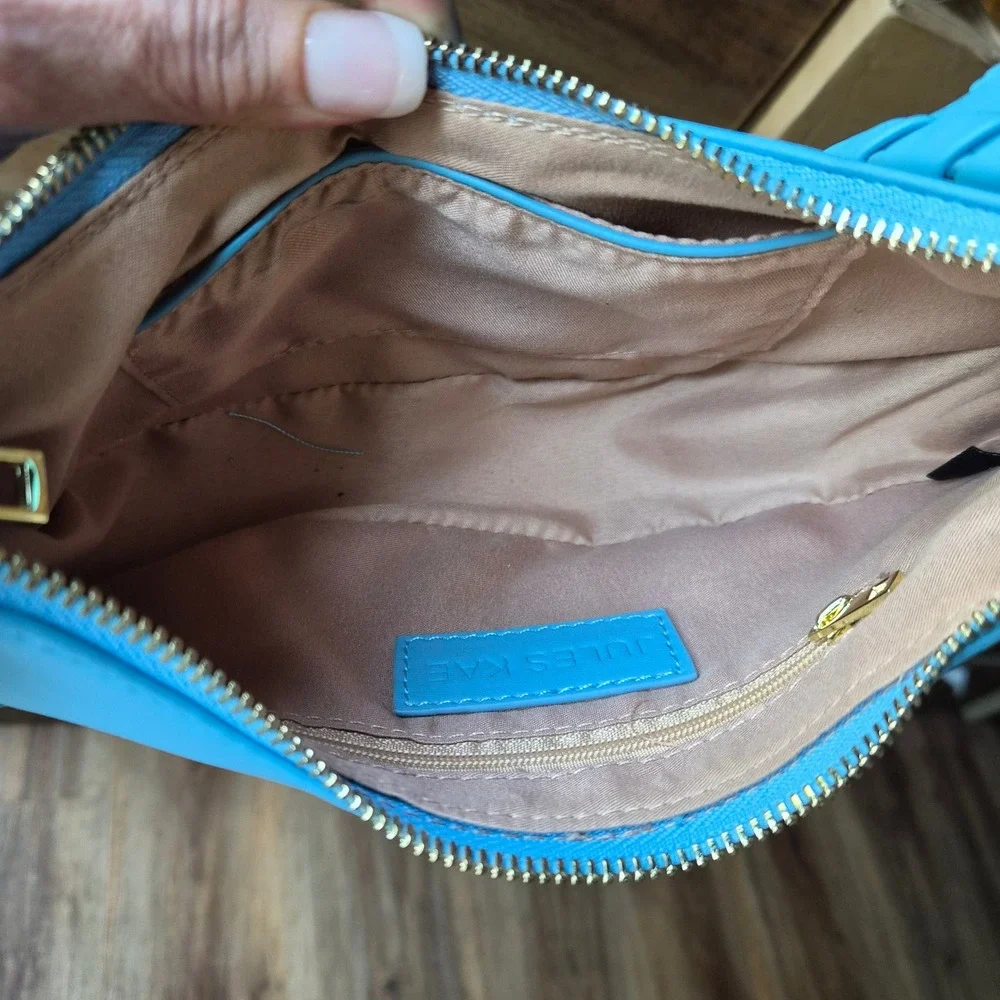 Jules‎ Kae Blue Vegan Leather Crescent Crossbody Bag Whipstitch Trim Gold PETA